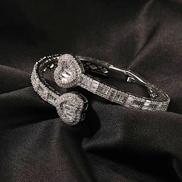 Open Heart Silver Baguette Iced Out Cubic Zircon Diamond Bangle Cuff Bra… - Picture 2 of 13